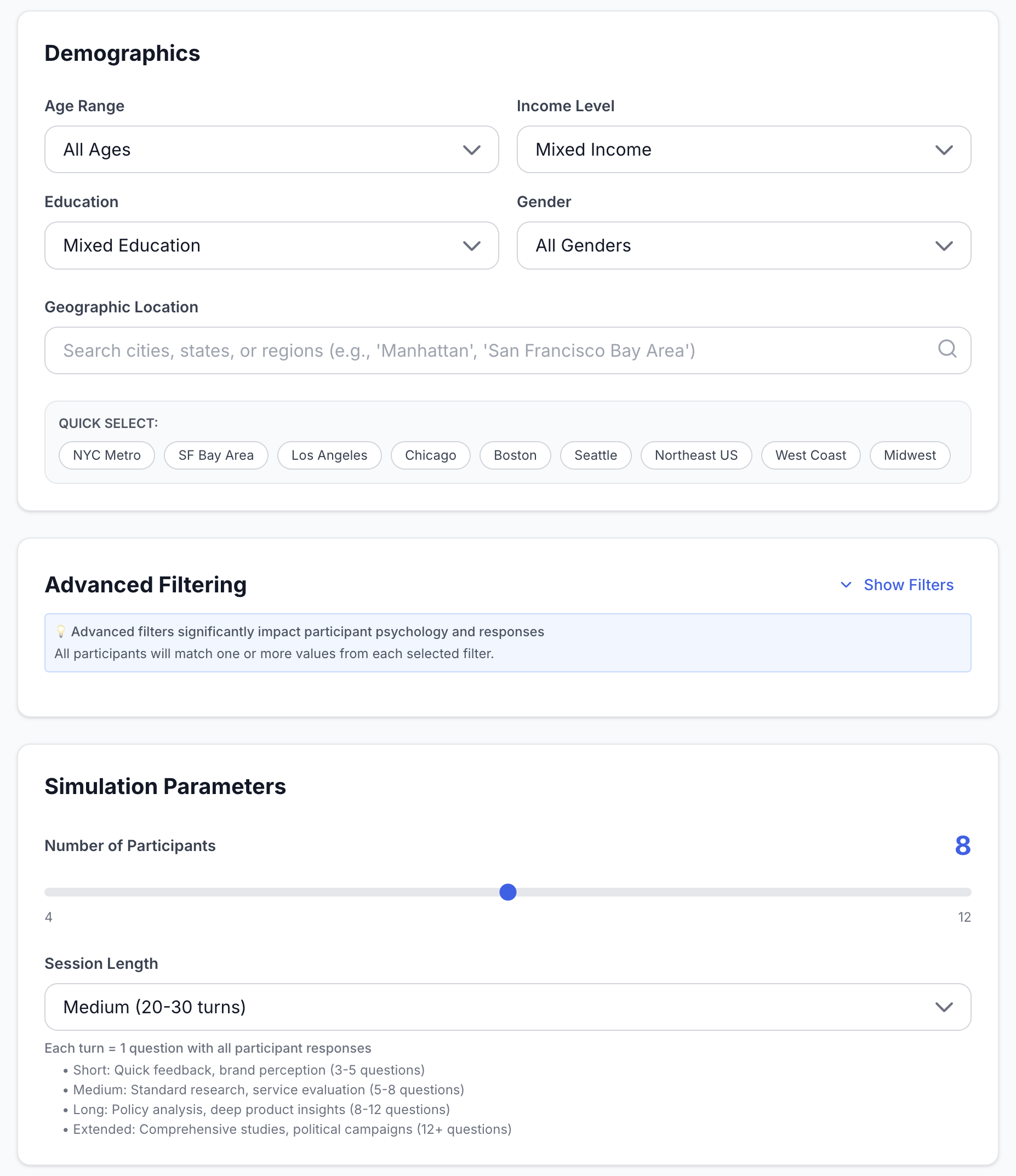 Demographics and participants setup